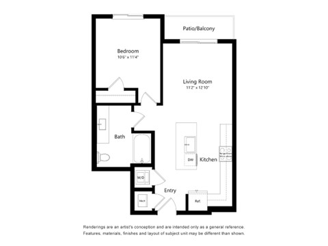 A floor plan of a room with a bedroom, living room, kitchen, bathroom, and entry.